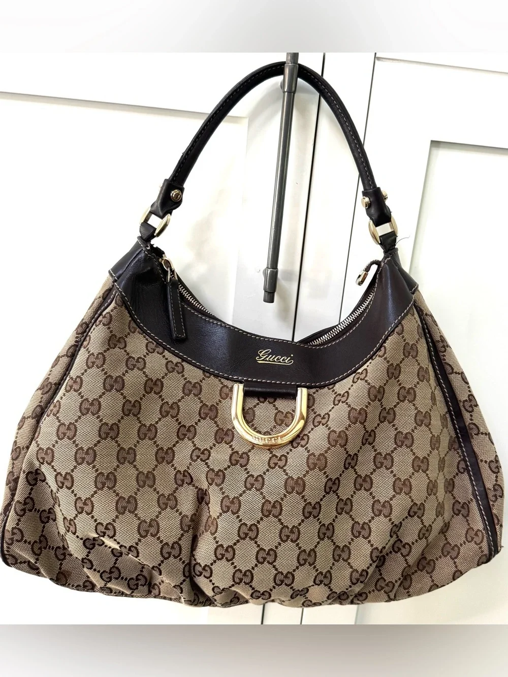 GUCCI Abbey D Ring GG Canvas Hobo Shoulder Bag Large Monogram Brown - Picture 7 of 13